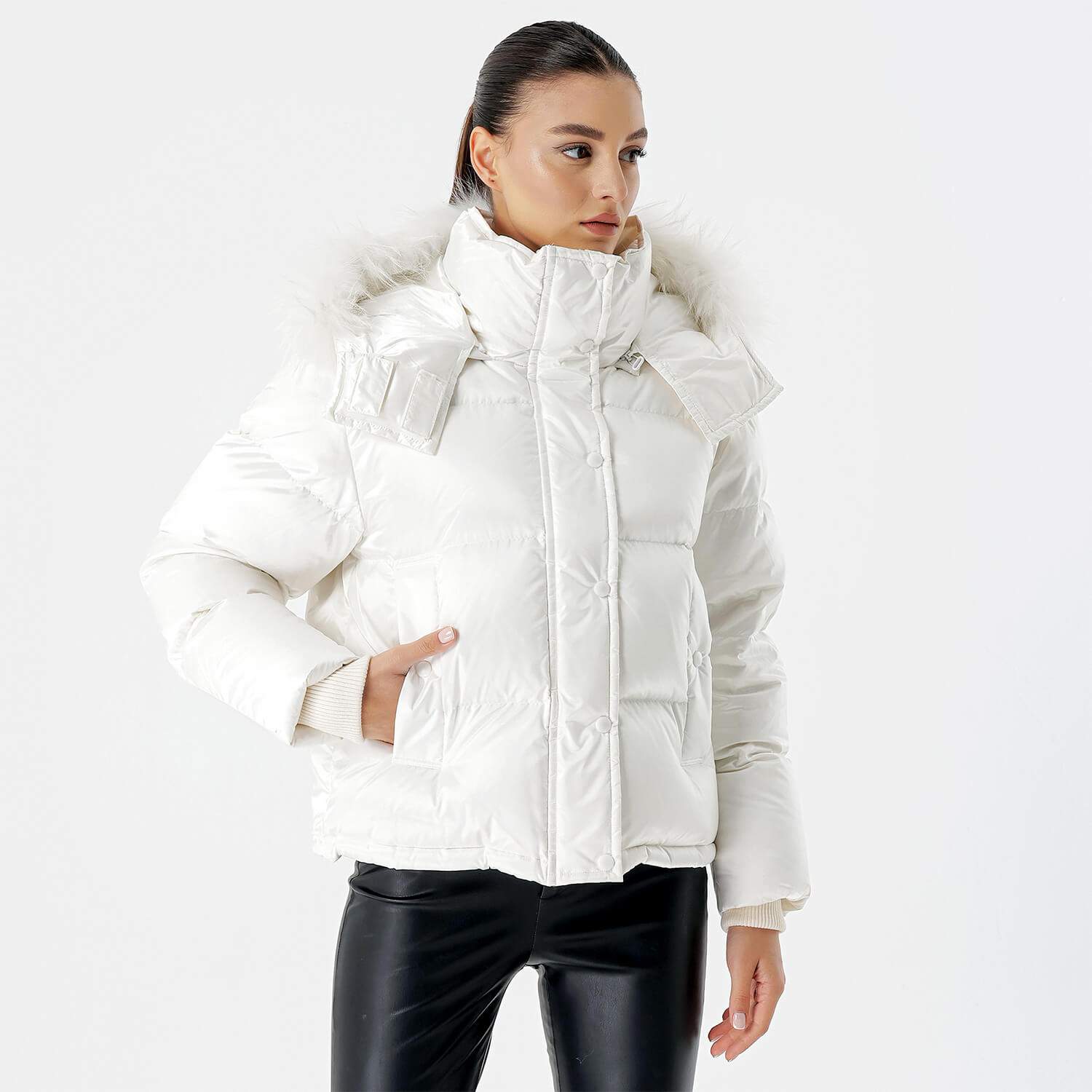 Mo &Co - White Fur Detail Puffer Hooded Coat